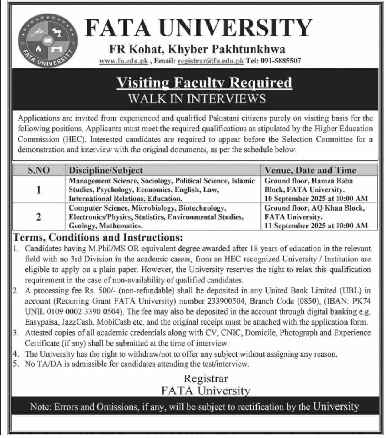 Jobs in Fata University Kohat
